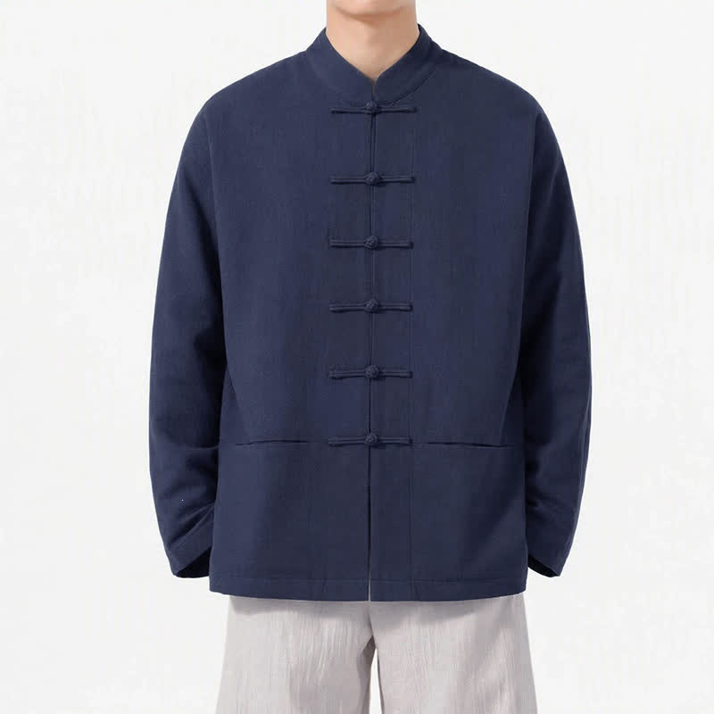 Buddha Stones Spring Fall Tang Style Frog Button Solid Cotton Linen Men's Long Sleeve Shirts With Pockets - MidnightBlue - US/UK/AU46, EU56 (5XL) - image 0