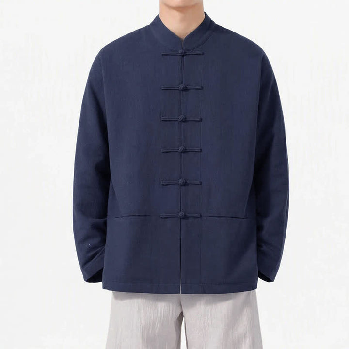 Buddha Stones Spring Fall Tang Style Frog Button Solid Cotton Linen Men's Long Sleeve Shirts With Pockets - MidnightBlue - US/UK/AU46, EU56 (5XL) - image 0