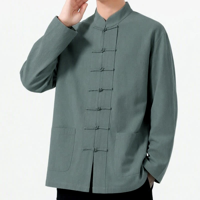 Buddha Stones Spring Fall Tang Style Frog Button Solid Cotton Linen Men's Long Sleeve Shirts With Pockets - image 38