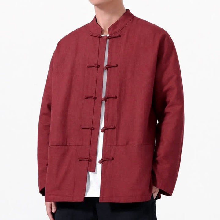 Buddha Stones Spring Fall Tang Style Frog Button Solid Cotton Linen Men's Long Sleeve Shirts With Pockets - image 21