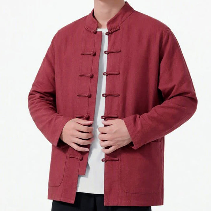Buddha Stones Spring Fall Tang Style Frog Button Solid Cotton Linen Men's Long Sleeve Shirts With Pockets - image 23