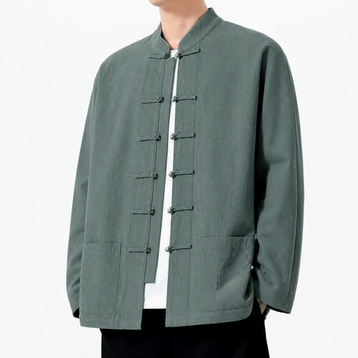 Buddha Stones Spring Fall Tang Style Frog Button Solid Cotton Linen Men's Long Sleeve Shirts With Pockets - image 39