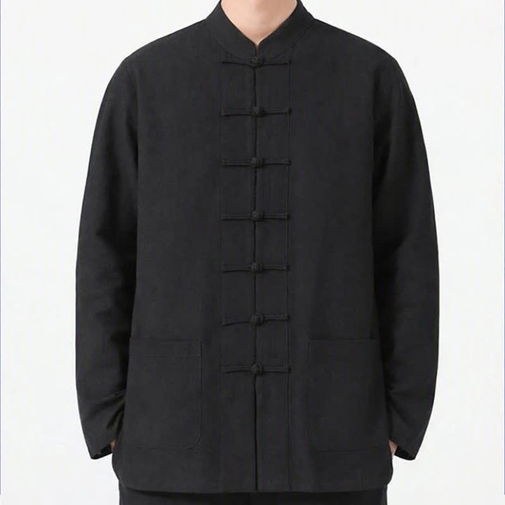 Buddha Stones Spring Fall Tang Style Frog Button Solid Cotton Linen Men's Long Sleeve Shirts With Pockets - image 18