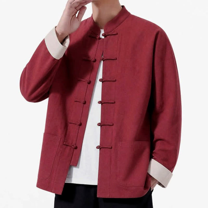 Buddha Stones Spring Fall Casual Tang Style Frog Button Solid Cotton Linen Men's Long Sleeve Shirts With Pockets - image 22