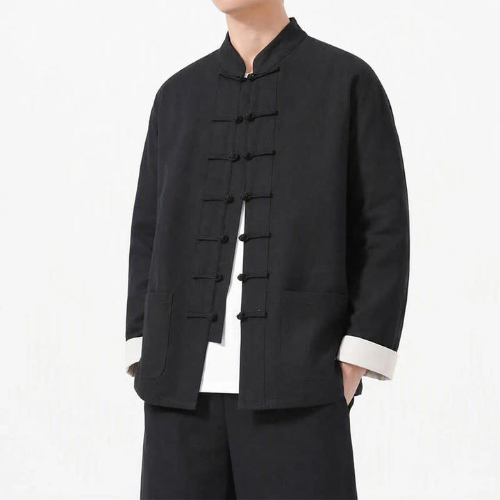 Buddha Stones Spring Fall Casual Tang Style Frog Button Solid Cotton Linen Men's Long Sleeve Shirts With Pockets - Black - US/UK/AU46, EU56 (5XL) - image 14