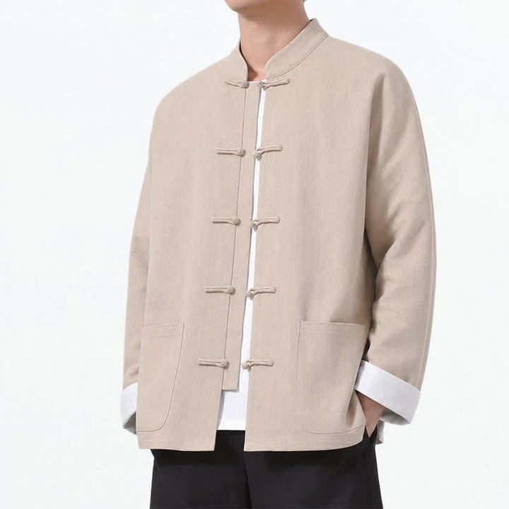 Buddha Stones Spring Fall Casual Tang Style Frog Button Solid Cotton Linen Men's Long Sleeve Shirts With Pockets - Beige - US/UK/AU46, EU56 (5XL) - image 33