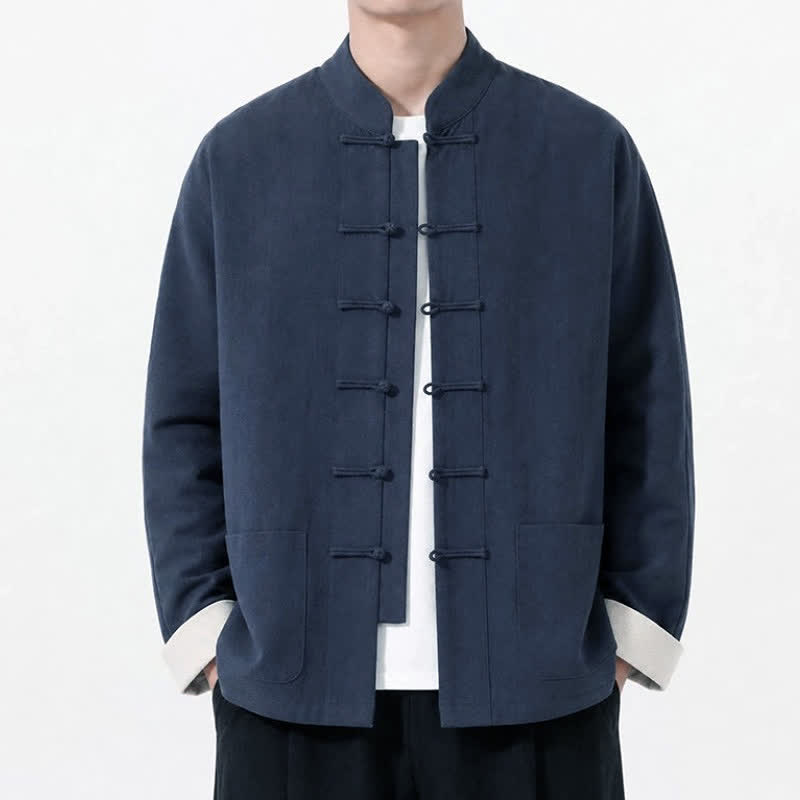 Buddha Stones Spring Fall Casual Tang Style Frog Button Solid Cotton Linen Men's Long Sleeve Shirts With Pockets - MidnightBlue - US/UK/AU46, EU56 (5XL) - image 26