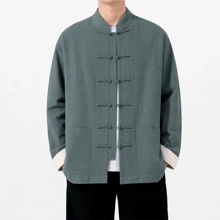 Buddha Stones Spring Fall Casual Tang Style Frog Button Solid Cotton Linen Men's Long Sleeve Shirts With Pockets - LightSeaGreen - US/UK/AU46, EU56 (5XL) - image 0