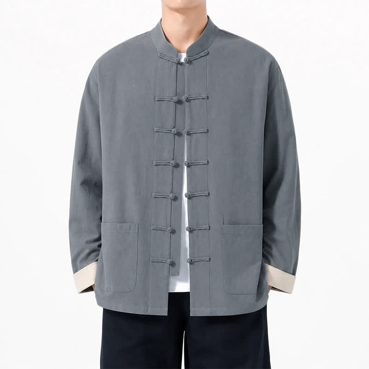 Buddha Stones Spring Fall Casual Tang Style Frog Button Solid Cotton Linen Men's Long Sleeve Shirts With Pockets - Gray - US/UK/AU46, EU56 (5XL) - image 7
