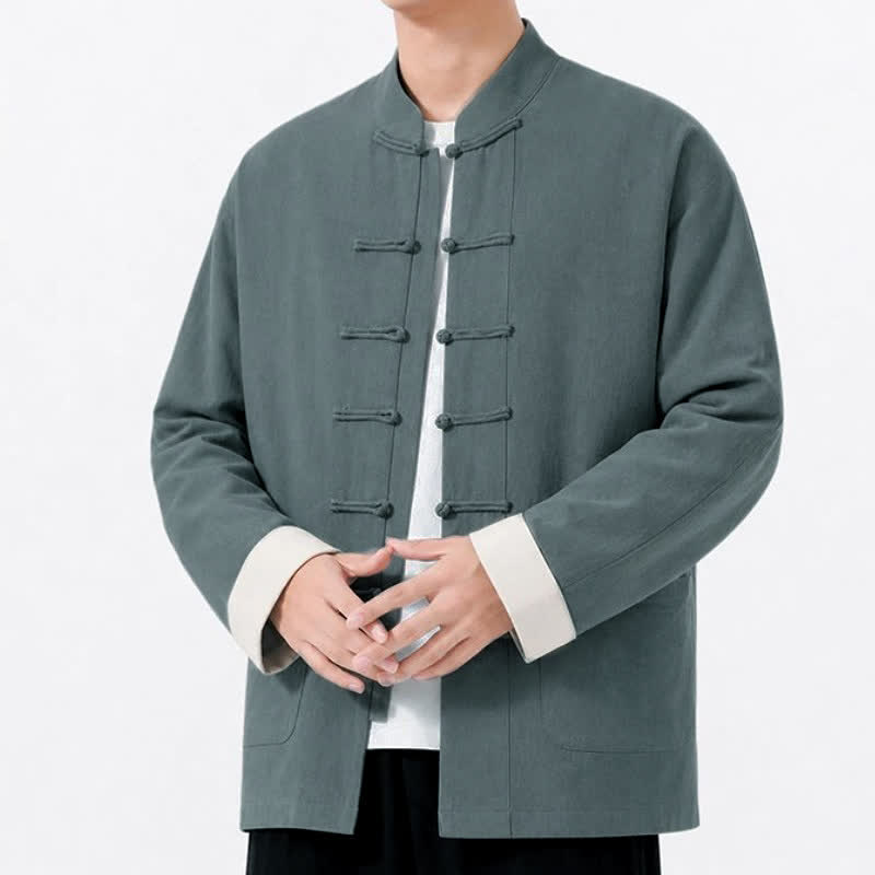 Buddha Stones Spring Fall Casual Tang Style Frog Button Solid Cotton Linen Men's Long Sleeve Shirts With Pockets - image 1