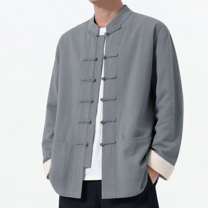 Buddha Stones Spring Fall Casual Tang Style Frog Button Solid Cotton Linen Men's Long Sleeve Shirts With Pockets - image 11