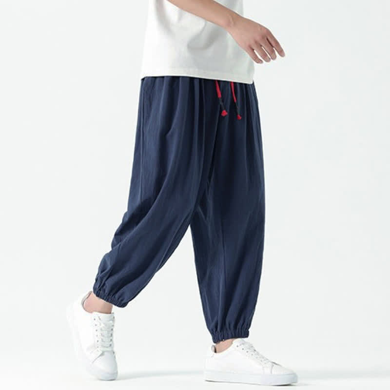 Buddha Stones Fall Winter Casual Minimalist Drawstring Solid Cotton Ankle Pants Men's Tapered Pants With Pockets - image 1