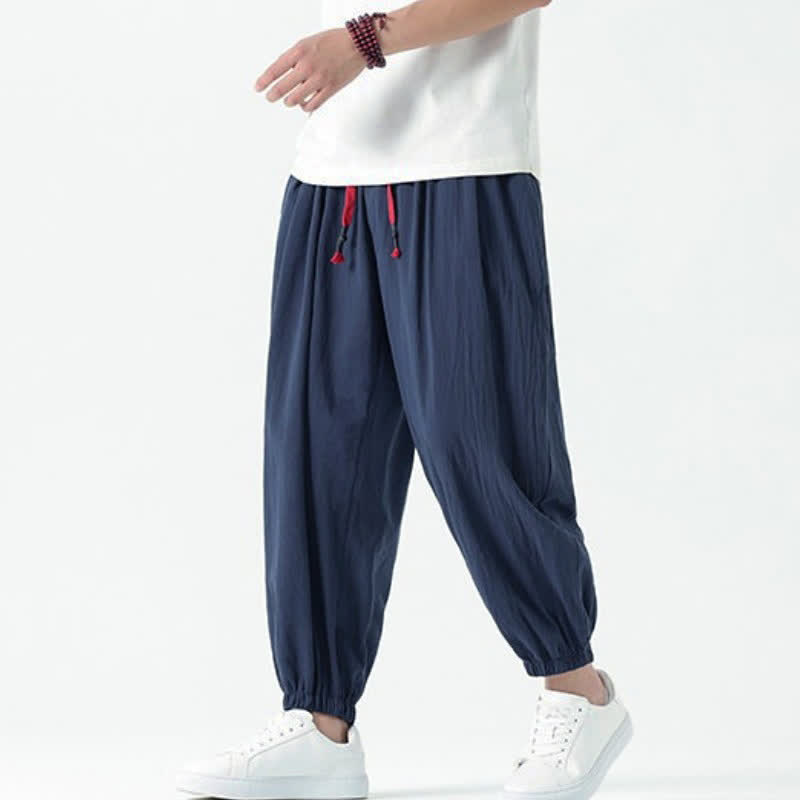 Buddha Stones Fall Winter Casual Minimalist Drawstring Solid Cotton Ankle Pants Men's Tapered Pants With Pockets - SteelBlue - US/UK/AU46, EU56 (5XL) - image 0