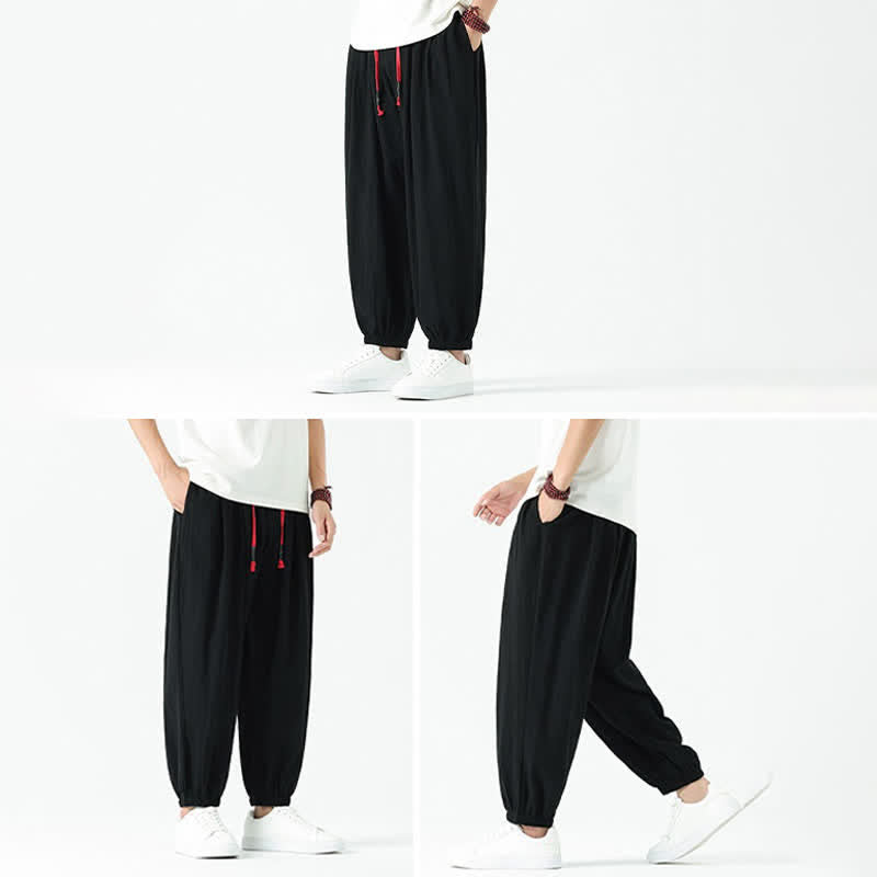 Buddha Stones Fall Winter Casual Minimalist Drawstring Solid Cotton Ankle Pants Men's Tapered Pants With Pockets - image 11