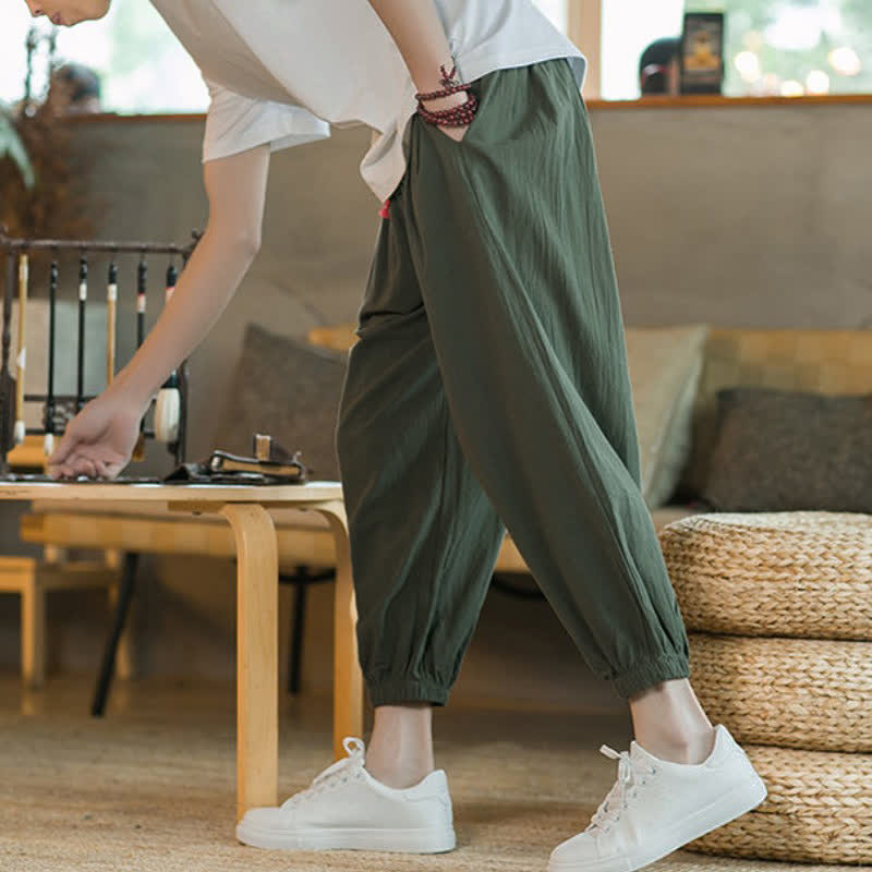 Buddha Stones Fall Winter Casual Minimalist Drawstring Solid Cotton Ankle Pants Men's Tapered Pants With Pockets - image 17