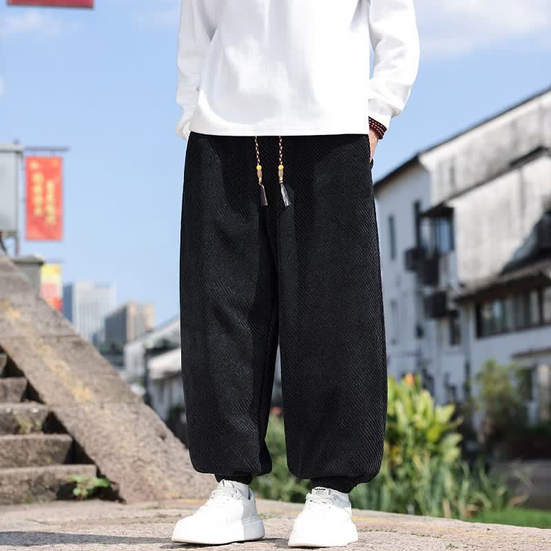 Buddha Stones Spring Simple Minimalist Drawstring Solid Ankle Pants Men's Harem Pants With Pockets - Black - US/UK/AU46, EU56 (5XL) - image 7