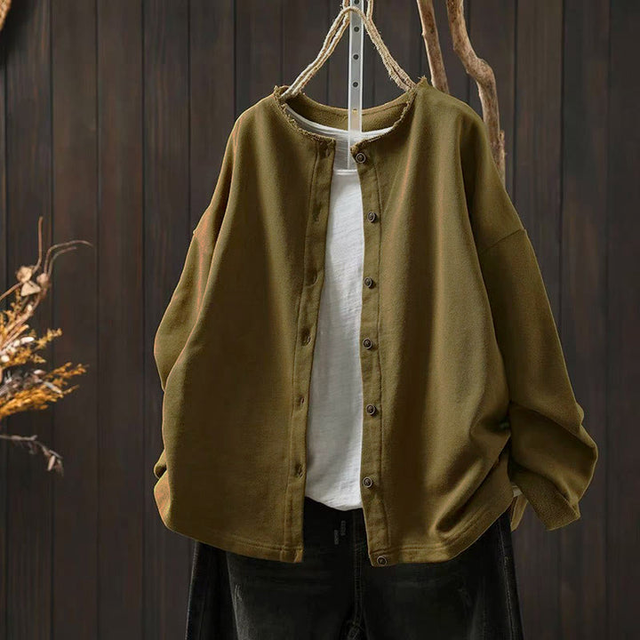Buddha Stones Fall Solid Button Down Crew Neck Long Sleeve Women's Cotton Shirt - DarkKhaki - US4-8/10，UK/AU8-12/14，EU36-40/42 (F) - image 0