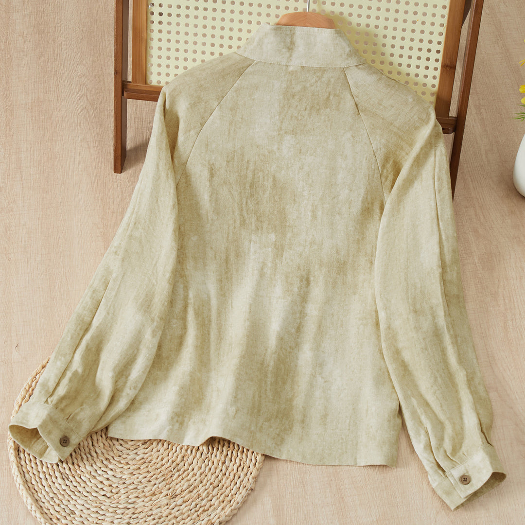 Buddha Stones Fall Casual Tang Style Mandarin Collar Buttons Solid Women's Long Sleeve Shirts - image 1
