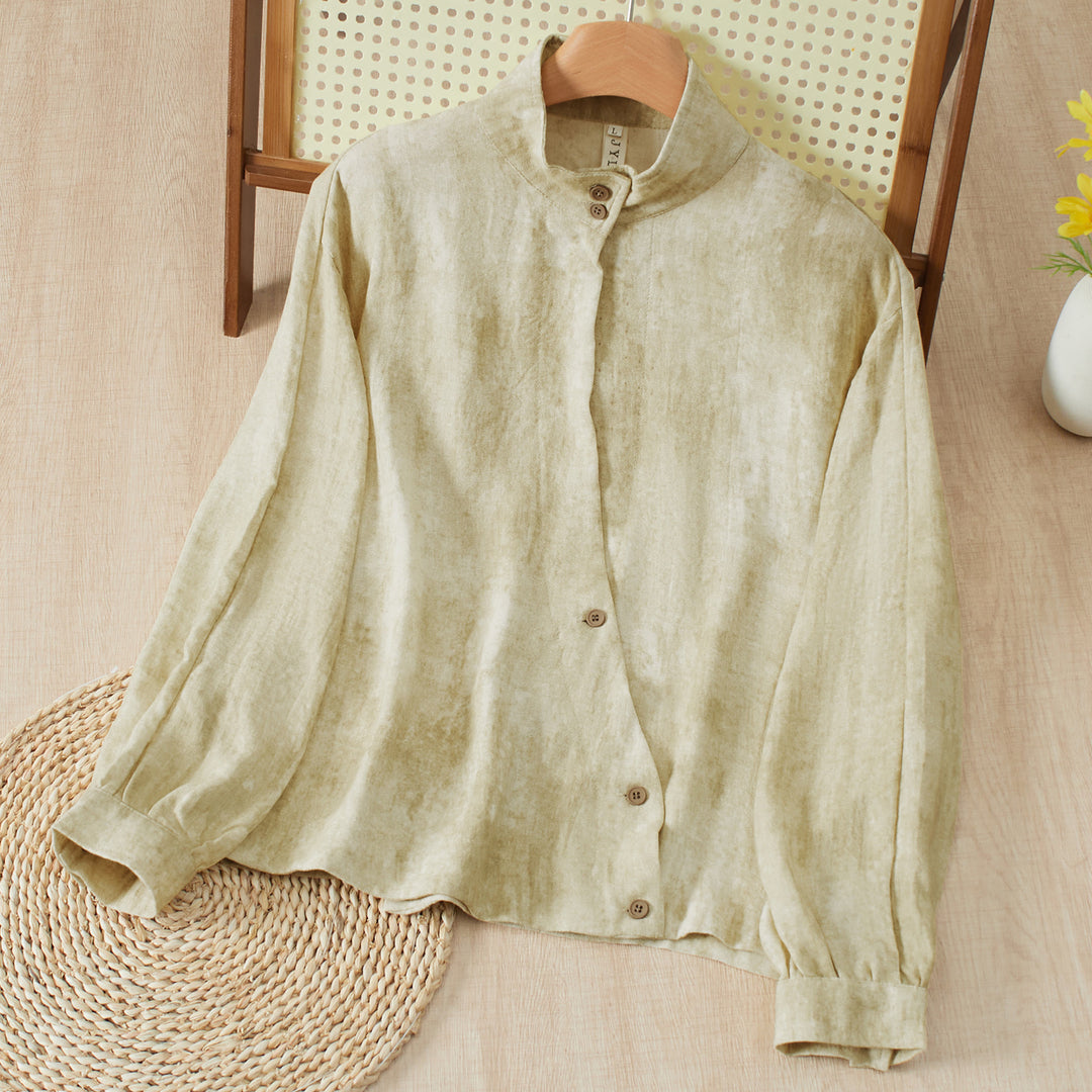 Buddha Stones Fall Casual Tang Style Mandarin Collar Buttons Solid Women's Long Sleeve Shirts - Beige - US8-10, UK/AU12-14, EU40-42 (2XL) - image 0