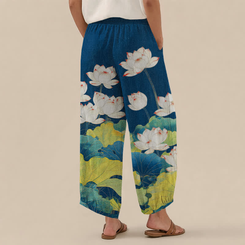 Buddha Stones Cotton Lotus Pond Pattern Pleated Elastic Waist Women's Harem Pants With Pockets - image 2