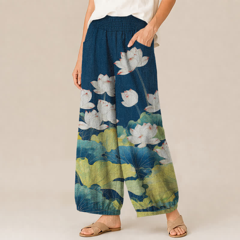 Buddha Stones Cotton Lotus Pond Pattern Pleated Elastic Waist Women's Harem Pants With Pockets - image 1