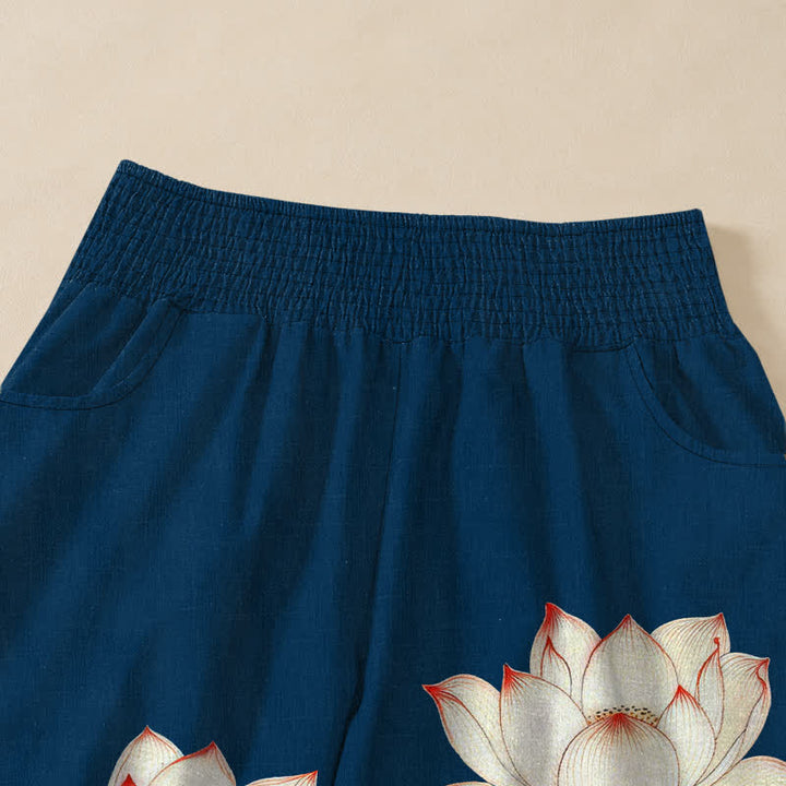 Buddha Stones Cotton Lotus Pond Pattern Pleated Elastic Waist Women's Harem Pants With Pockets - image 4
