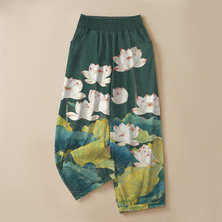 Buddha Stones Cotton Lotus Pond Pattern Pleated Elastic Waist Women's Harem Pants With Pockets - image 13
