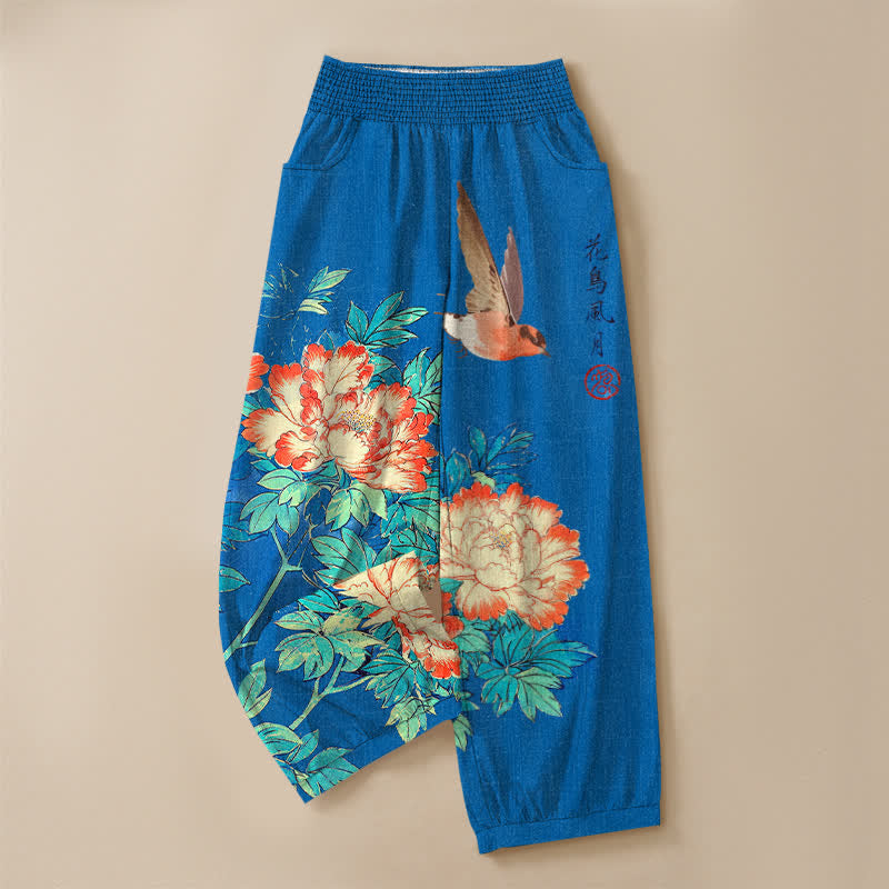Buddha Stones Cotton Red Peony Bird Calligraphy Pattern Pleated Elastic Waist Women's Harem Pants With Pockets - image 3