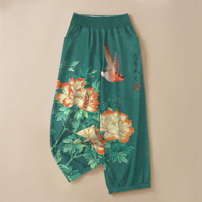Buddha Stones Cotton Red Peony Bird Calligraphy Pattern Pleated Elastic Waist Women's Harem Pants With Pockets - image 13