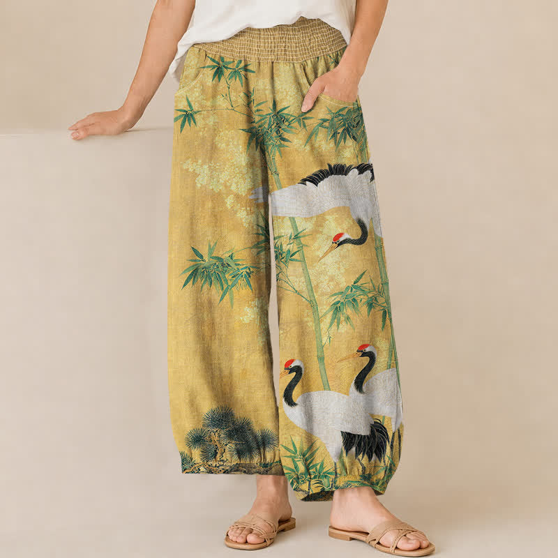 Buddha Stones Cotton Oriental Crane Bamboo Landscape Pattern Pleated Elastic Waist Women's Harem Pants With Pockets - Goldenrod - US16，UK/AU20，EU48 (3XL) - image 0