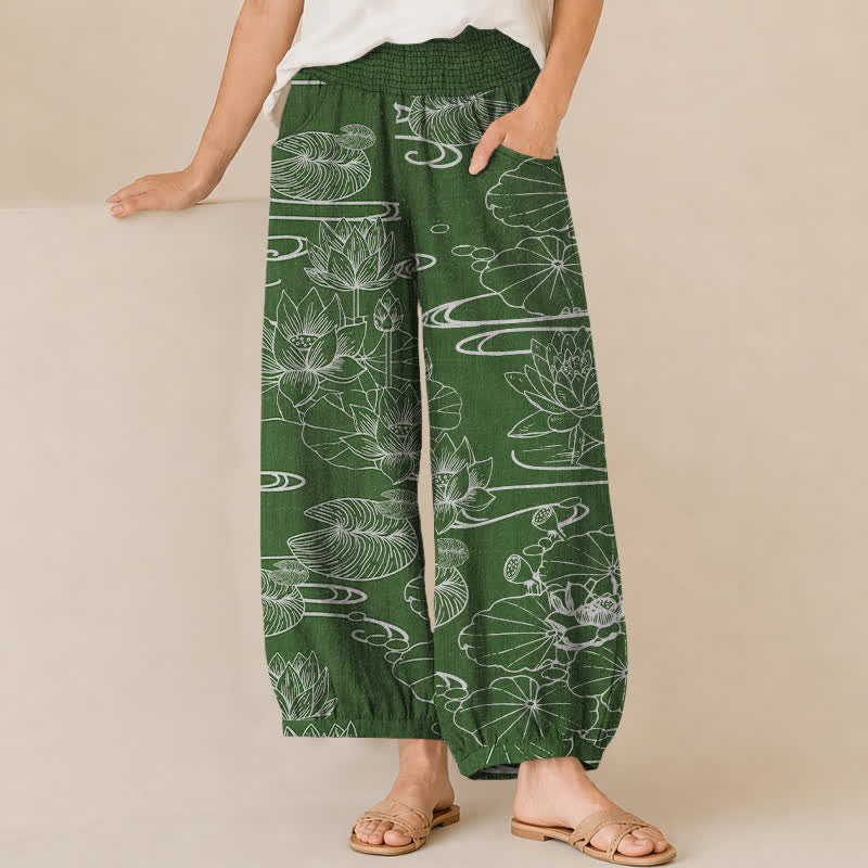 Buddha Stones Cotton Lotus Leaf Ink Pattern Pleated Elastic Waist Women's Harem Pants With Pockets - DarkSeaGreen - US16，UK/AU20，EU48 (3XL) - image 6