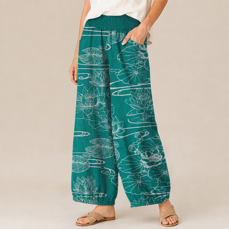 Buddha Stones Cotton Lotus Leaf Ink Pattern Pleated Elastic Waist Women's Harem Pants With Pockets - image 11