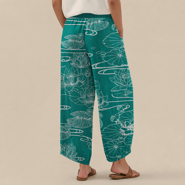 Buddha Stones Cotton Lotus Leaf Ink Pattern Pleated Elastic Waist Women's Harem Pants With Pockets - image 12
