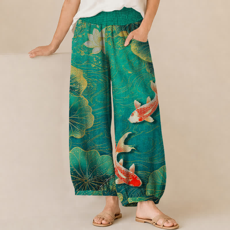 Buddha Stones Cotton Lotus Red Koi Fish Pond Pattern Pleated Elastic Waist Women's Harem Pants With Pockets - MediumAquamarine - US16，UK/AU20，EU48 (3XL) - image 0