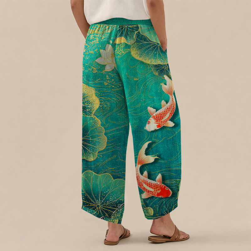 Buddha Stones Cotton Lotus Red Koi Fish Pond Pattern Pleated Elastic Waist Women's Harem Pants With Pockets - image 2