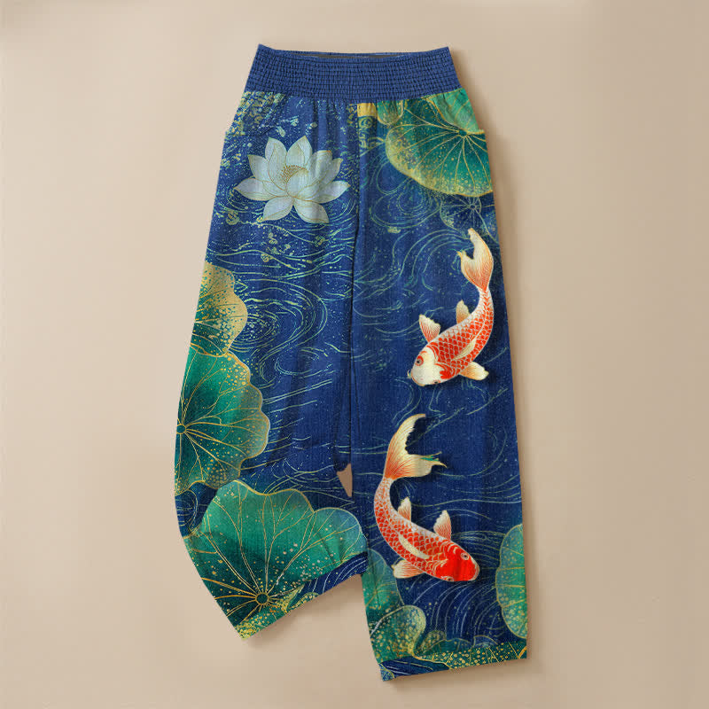 Buddha Stones Cotton Lotus Red Koi Fish Pond Pattern Pleated Elastic Waist Women's Harem Pants With Pockets - image 13