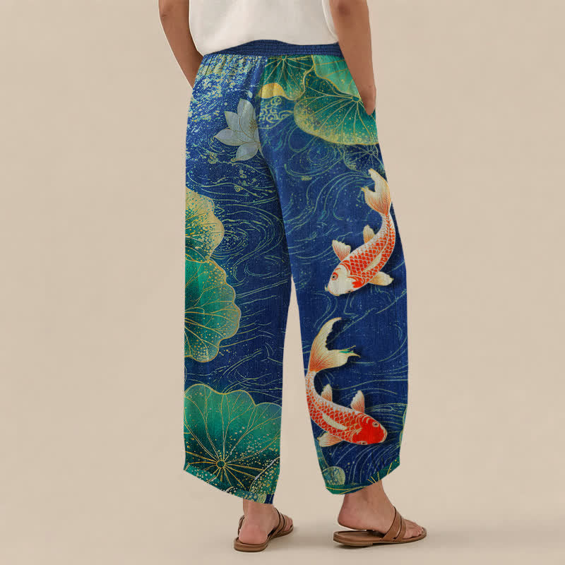 Buddha Stones Cotton Lotus Red Koi Fish Pond Pattern Pleated Elastic Waist Women's Harem Pants With Pockets - image 12