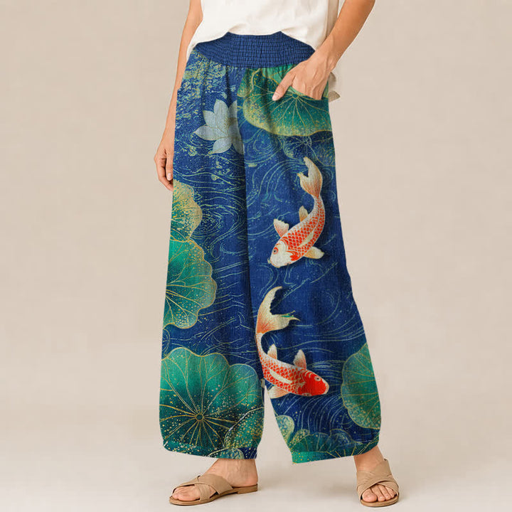 Buddha Stones Cotton Lotus Red Koi Fish Pond Pattern Pleated Elastic Waist Women's Harem Pants With Pockets - image 11
