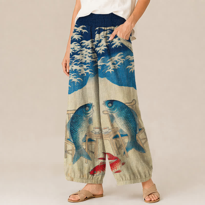 Buddha Stones Cotton Ocean Koi Fish Wave Pattern Pleated Elastic Waist Women's Harem Pants With Pockets - image 1