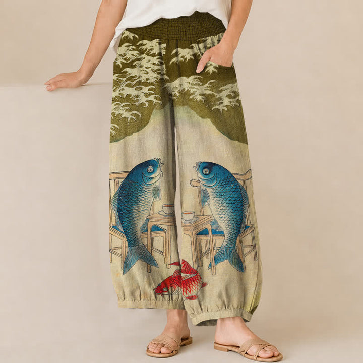 Buddha Stones Cotton Ocean Koi Fish Wave Pattern Pleated Elastic Waist Women's Harem Pants With Pockets - OliveDrab - US16，UK/AU20，EU48 (3XL) - image 6