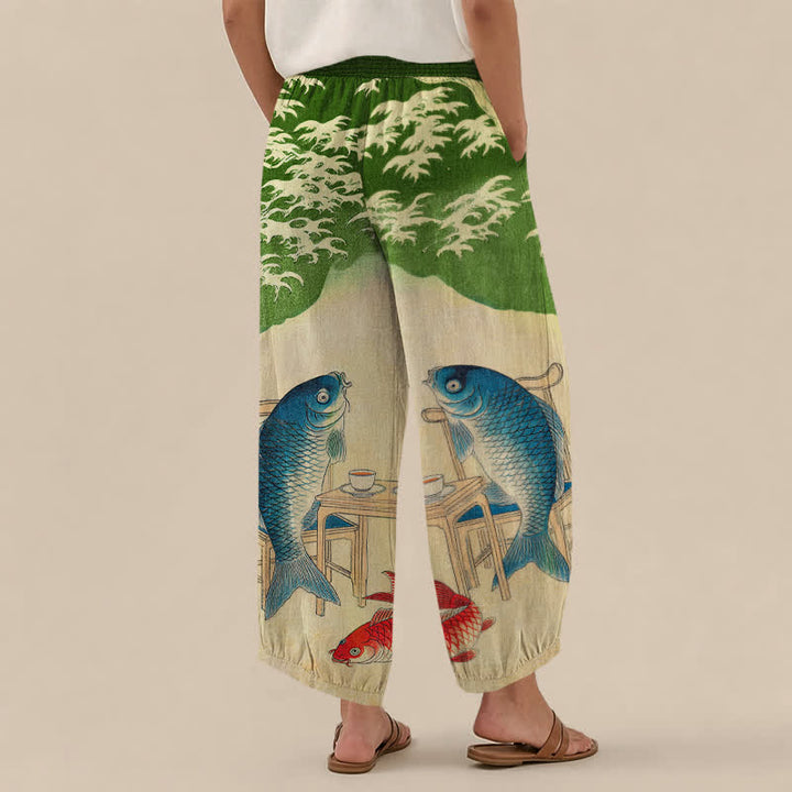 Buddha Stones Cotton Ocean Koi Fish Wave Pattern Pleated Elastic Waist Women's Harem Pants With Pockets - image 12