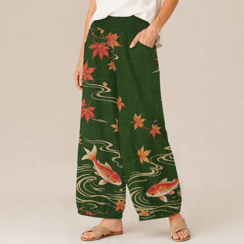 Buddha Stones Cotton Koi Fish Red Maple Wave Pattern Pleated Elastic Waist Women's Harem Pants With Pockets - image 13