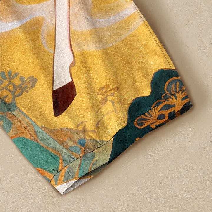 Buddha Stones Cotton Auspicious Deer Cloud Floral Pattern Pleated Elastic Waist Women's Harem Pants With Pockets - image 5