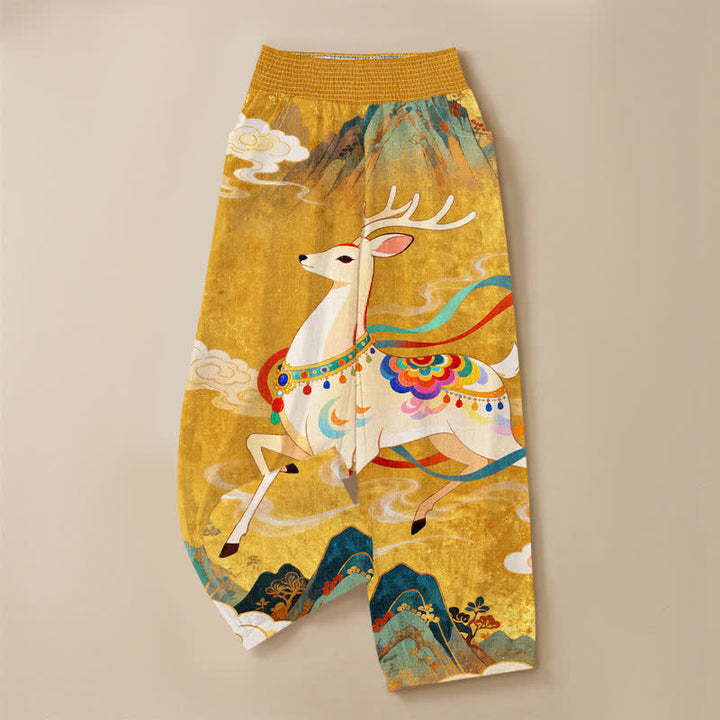 Buddha Stones Cotton Auspicious Deer Cloud Floral Pattern Pleated Elastic Waist Women's Harem Pants With Pockets - image 3
