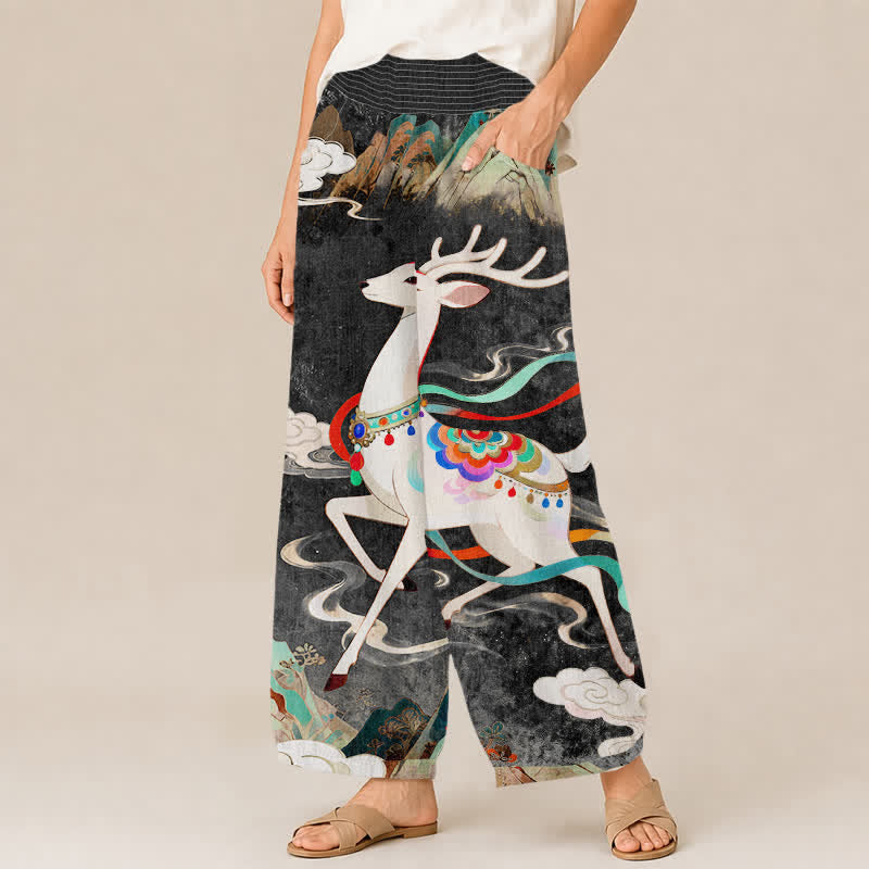 Buddha Stones Cotton Auspicious Deer Cloud Floral Pattern Pleated Elastic Waist Women's Harem Pants With Pockets - image 7