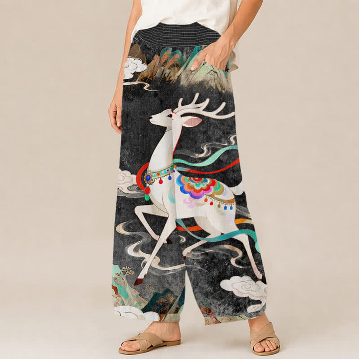 Buddha Stones Cotton Auspicious Deer Cloud Floral Pattern Pleated Elastic Waist Women's Harem Pants With Pockets - image 7