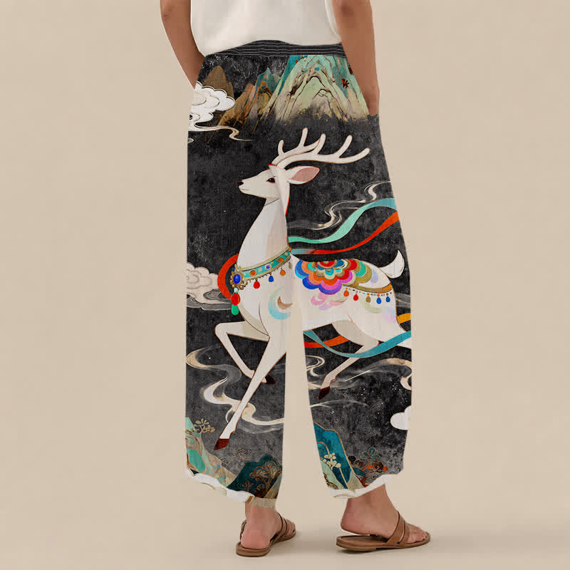 Buddha Stones Cotton Auspicious Deer Cloud Floral Pattern Pleated Elastic Waist Women's Harem Pants With Pockets - image 8