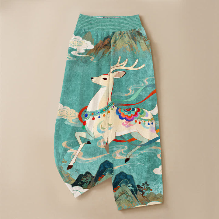 Buddha Stones Cotton Auspicious Deer Cloud Floral Pattern Pleated Elastic Waist Women's Harem Pants With Pockets - image 15