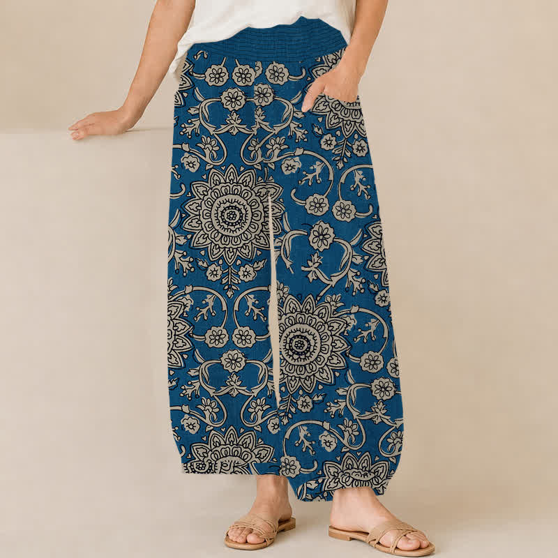 Buddha Stones Cotton Vintage Floral Mandala Pattern Pleated Elastic Waist Women's Harem Pants With Pockets - MidnightBlue - US16，UK/AU20，EU48 (3XL) - image 0