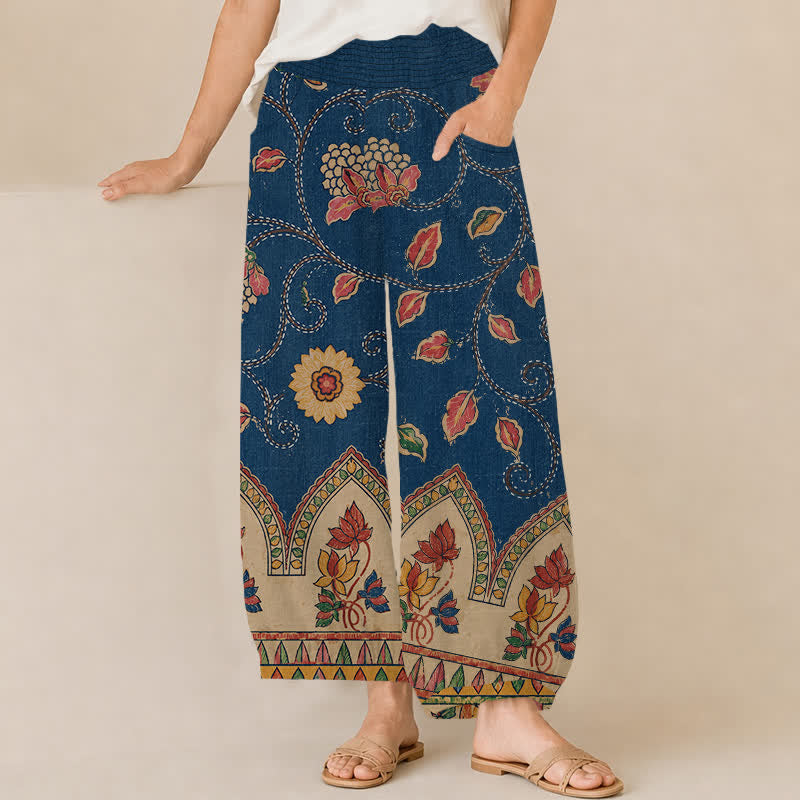 Buddha Stones Cotton Vintage Floral Vine Red Leaves Pattern Pleated Elastic Waist Women's Harem Pants With Pockets - Navy - US16，UK/AU20，EU48 (3XL) - image 0